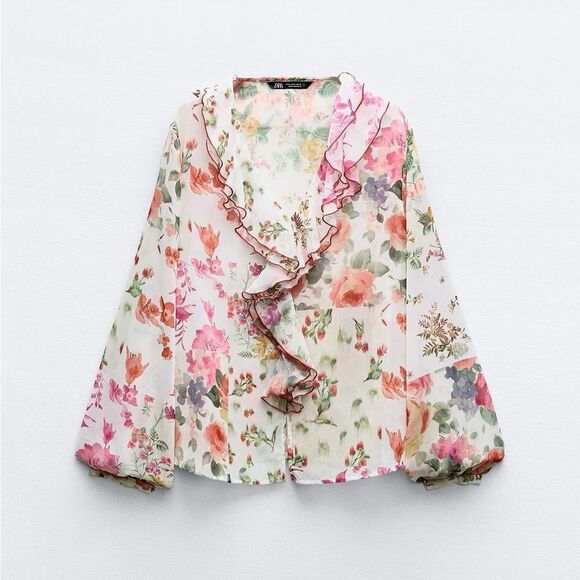 ZARA RUFFLED FLORAL PRINTED BLOUSE - Picture 3 of 7